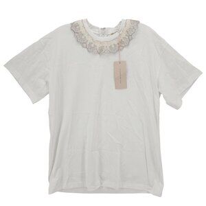NWT CHRISTOPHER KANE Ruffle Trim T-Shirt Tee White Lace Metallic Size SMALL